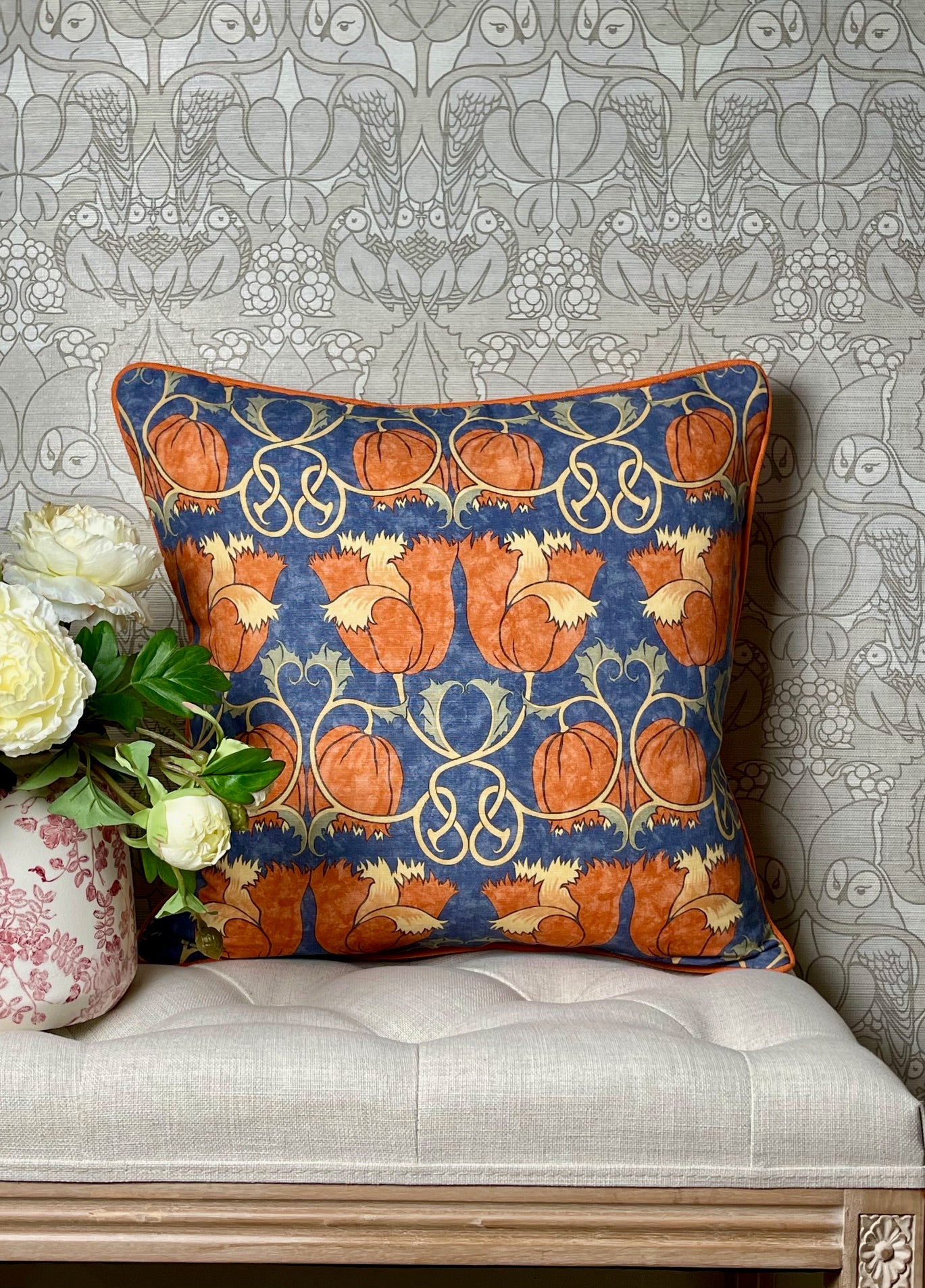 Poppies Cushion - Red & Indigo