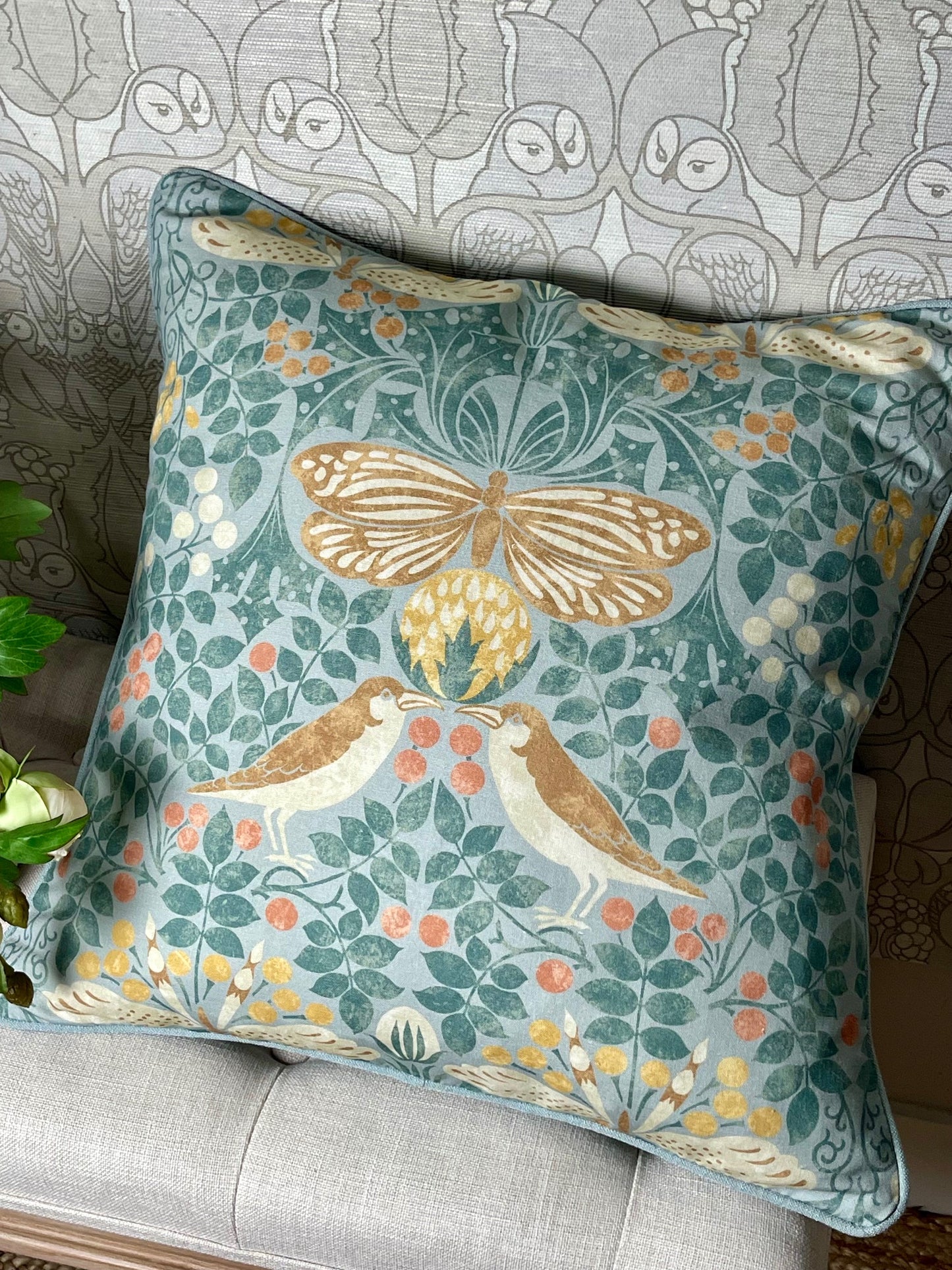 Bird & Butterfly Cushion - Summer Sky