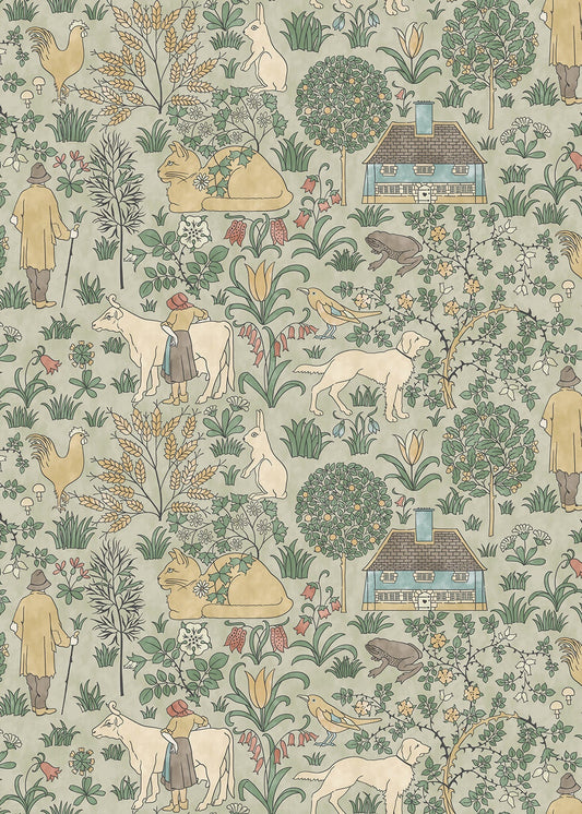 The House That Jack Built Fabric - Light Sage